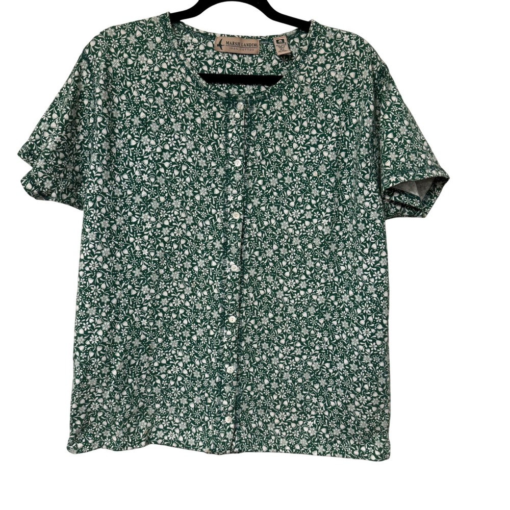 MARSH LANDING Vintage 90's 100% Cotton Floral Green Button Up Shirt Size L
